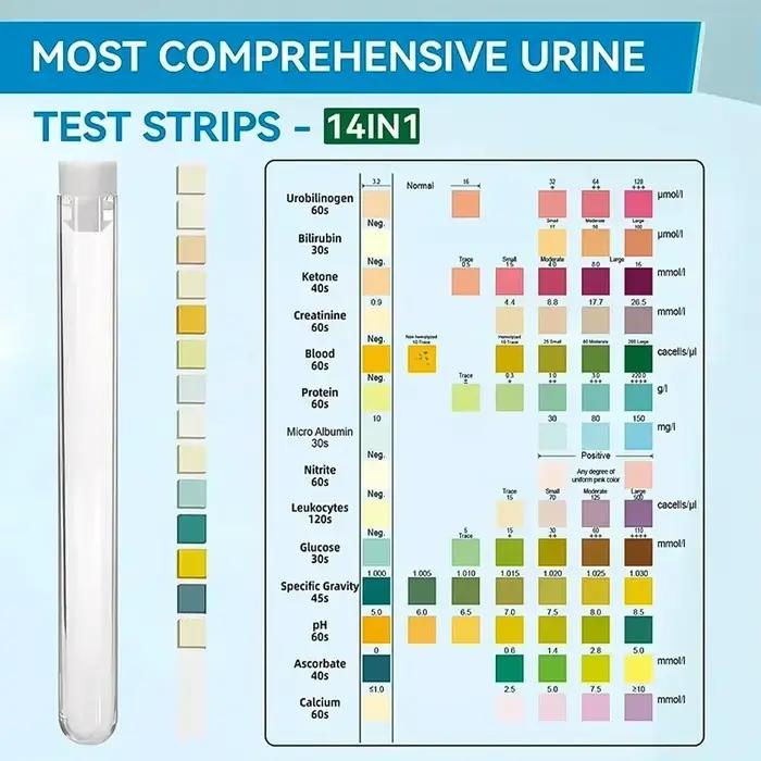 Bandelettes de test d'urine 14 en 1, analyse d'urine UTI pour galvanopien, bilirubin, cétone, nitrite, leucocytes, gravité spécifique, pH, acide ascorbique