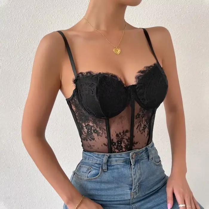 Corset Sexy en Dentelle Noire Transparente pour Femme