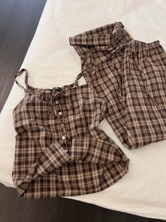 Pyjama vintage à carreaux pour femme, ensemble décontracté d'été avec pantalon ample et haut de détente
