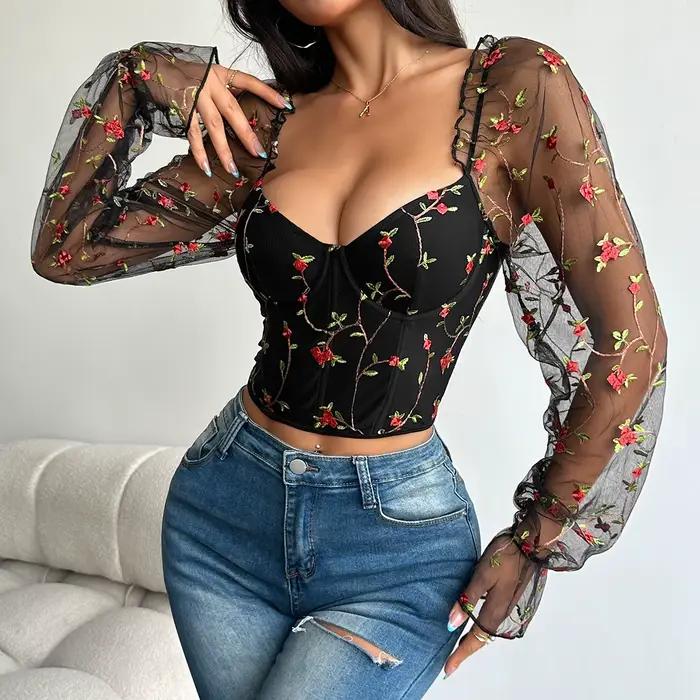 Corsets en arête de poisson à manches longues pour femmes, bustiers brodés de fleurs, haut corset polyvalent, coupe couvertes, maille, fille épicée sexy, mode