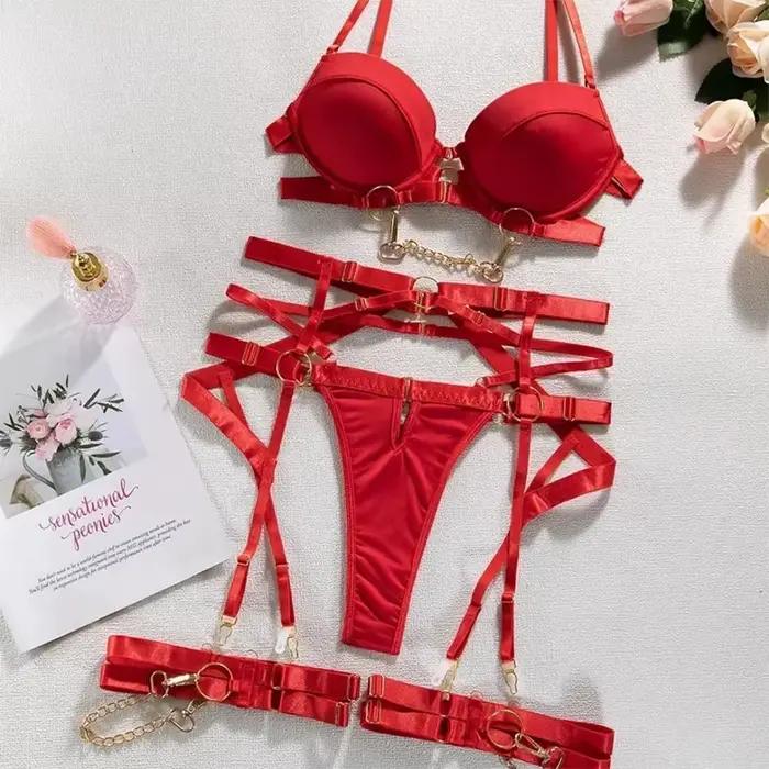 Ensembles de soutien-gorge sexy pour femmes, soutien-gorge punk ajouré avec chaîne métallique et porte-jarretelles à lanières, lingerie érotique transparente, vêtements de nuit pour femmes séduisantes