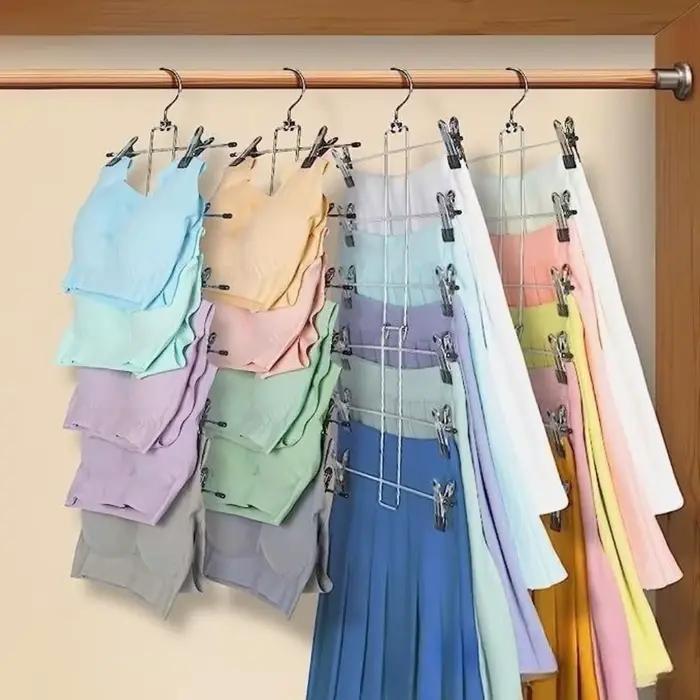 Cintres à 6 couches pour jupe et pantalon multicouches, Clips de suspension en métal antidérapants, support de rangement pour vêtements