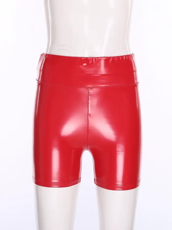 Shorts en similicuir PU taille haute effet mouillé pour femme