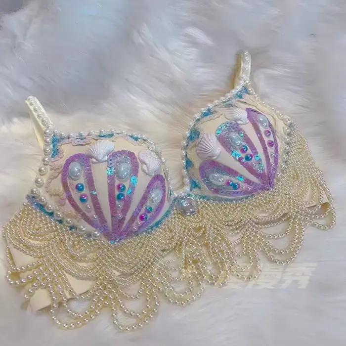 customized sparkling iridescent sequin shell bra pearl chain tassel pool party bra beach vacation pearl jacket belly dance bras