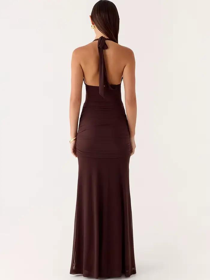 Robe longue sexy Mozision à col halter et décolleté plongeant pour femme