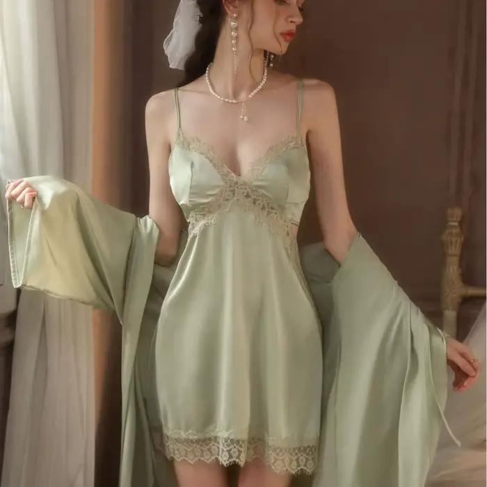 Femmes dentelle Patchwork 2 pièces Robe ensemble Sexy Robe de nuit Satin chemise de nuit été nouveau Kimono peignoir vêtements de nuit Satin vêtements de nuit