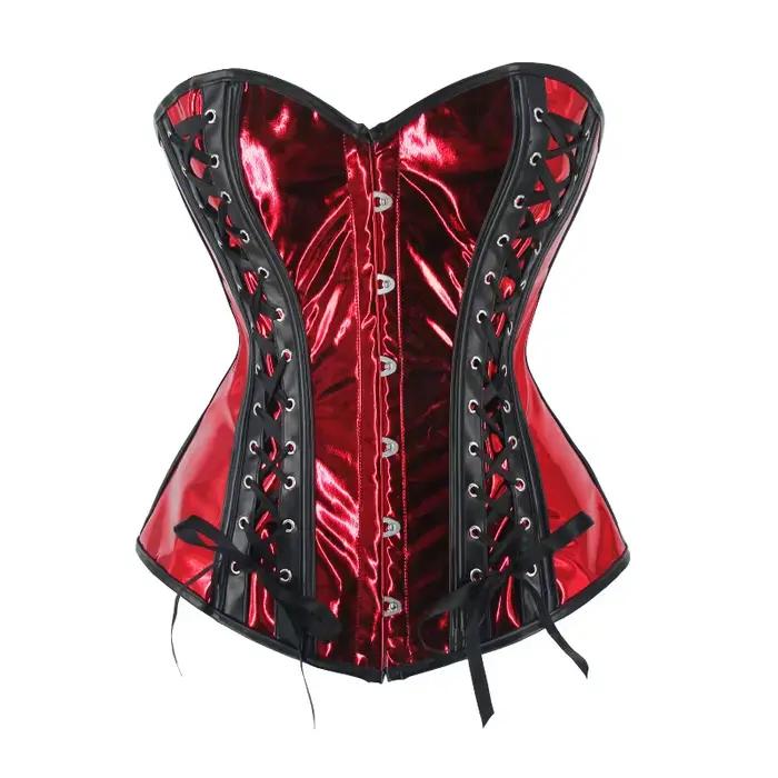 Steampunk Top Corset Argent PU Cuir À Lacets Surbuste Bustier pour Femmes Gothique Clubwear Sexy Taille Body Shapewear Corselet