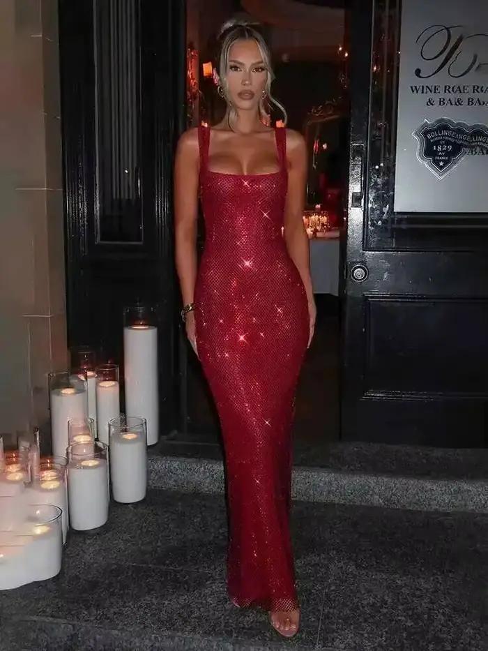 Townlike-Robe longue à bretelles spaghetti pour femmes, diamants chauds, boîte de nuit, sexy, printemps, été, 2025