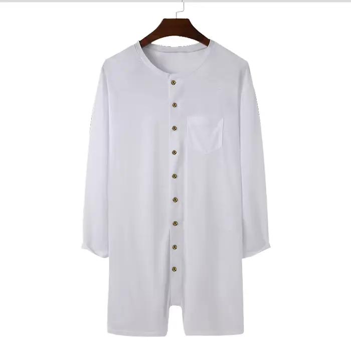Pyjama sexy pour homme, combinaison, couleur unie, col rond, manches longues, t-shirt et short, nouveau, une pièce, boutonné, vêtements de maison