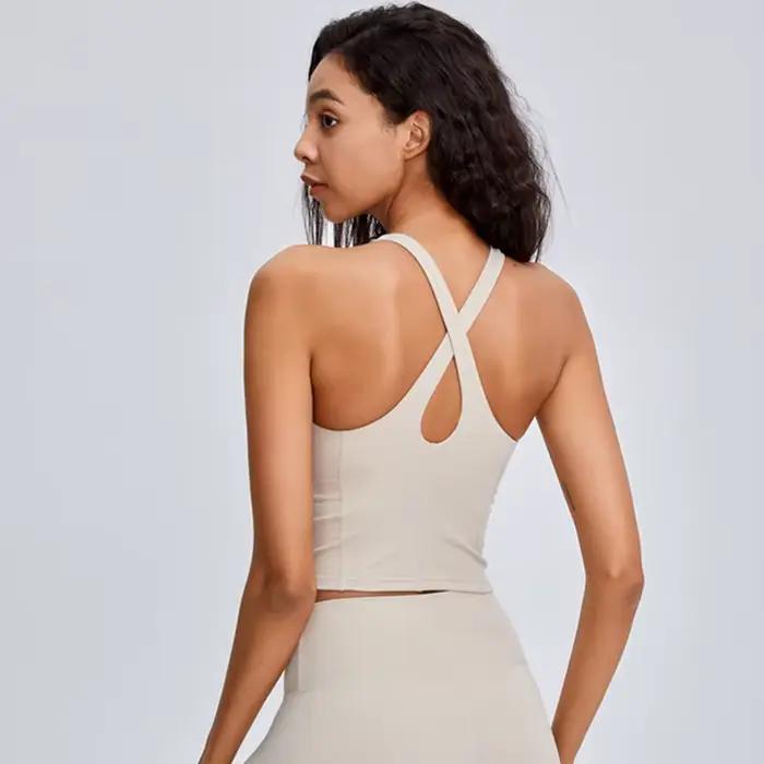 Soutien-gorge de sport Push-up pour femmes, confortable, à large sangle croisée dans le dos, résistant aux chocs, pour course à pied, Fitness, Top, ras du cou, rembourré, réservoir d'entraînement, Yog