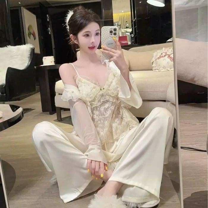 Été femmes 4 pièces Pyjamas ensemble maison vêtements Sexy dentelle chemise pantalon Cami Shorts Pijamas costume ample
