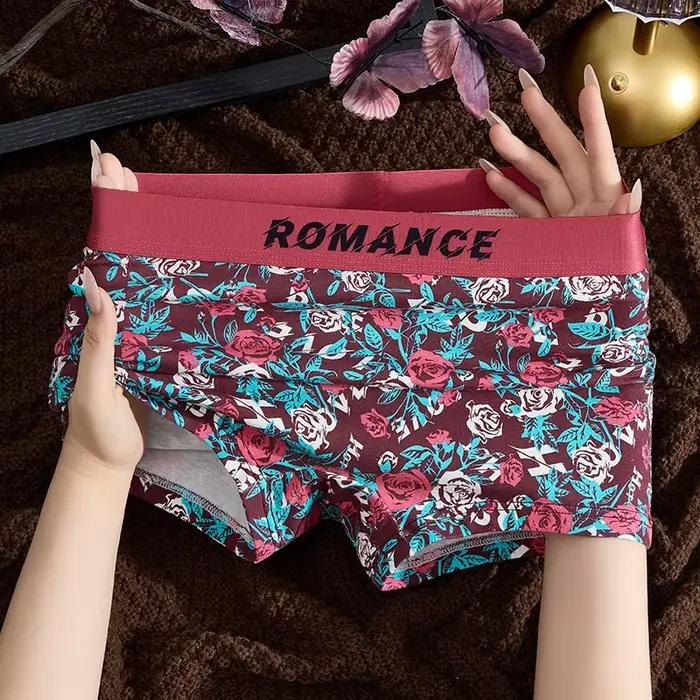 Rose imprimé femmes culottes glace soie boxeurs Lingerie Sexy respirant sans couture taille moyenne Boyshorts dames rétro caleçons culotte