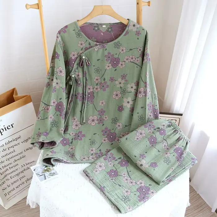100% Cotton Night Wears For Women Nightie Print Sleepwear Pajamas Set Spring Autumn Long Sleeve Women's Pyjamas Suit Female