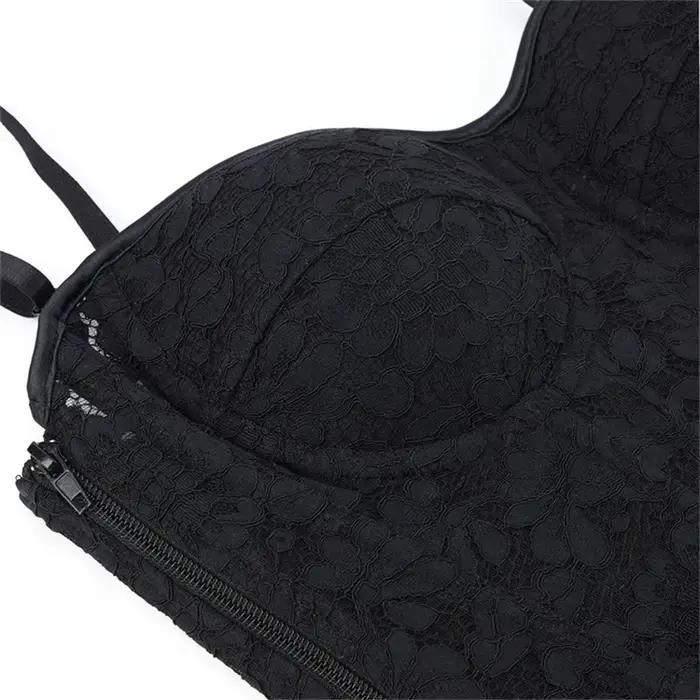 Femmes dentelle florale haut Corset Sexy noir maille Transparent soutien-gorge côté Zip Bustier gilet gothique Spaghetti sangle broderie fête Camis