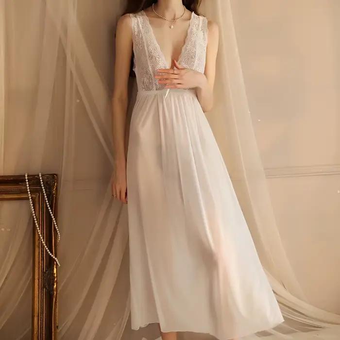 Robe de nuit de mariage longue en dentelle pour femme