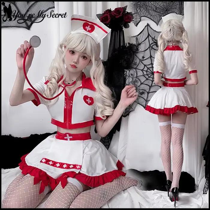 [You're My Secret] Costume de cosplay d'infirmière sexy pour femme, haut court blanc et rouge, mini-jupe, ensemble complet, déguisement d'infirmière pour Halloween et carnaval