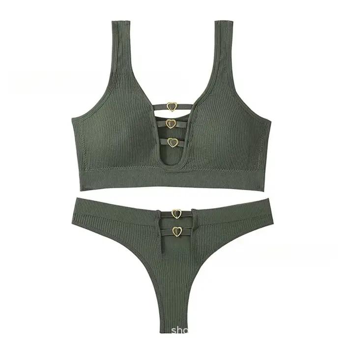 Ensemble soutien-gorge et string push up sexy tricot côtelé avec anneau cœur pour femmes occasions spéciales