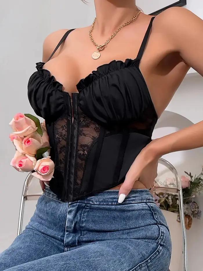 1 pièce de corset en tulle noir à volants en dentelle