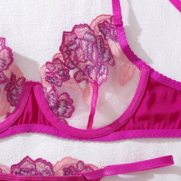 Rose rouge fleur broderie lingerie sexy voir à travers le soutien-gorge ultra-mince tasse rassemblement haut affichage