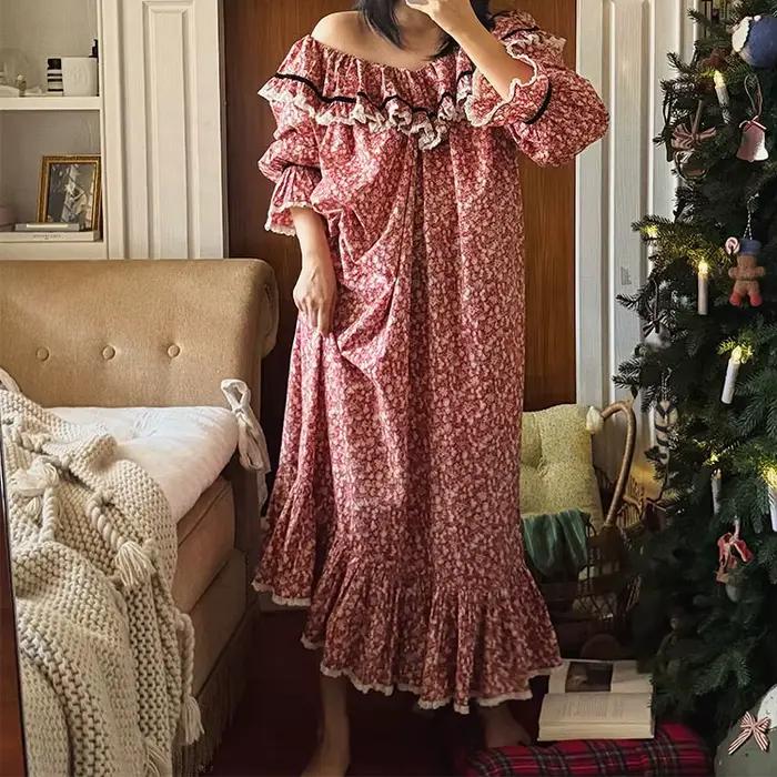 100% pur coton chemise de nuit femmes 2026 nouveauté printemps été français rétro doux fleur imprimé