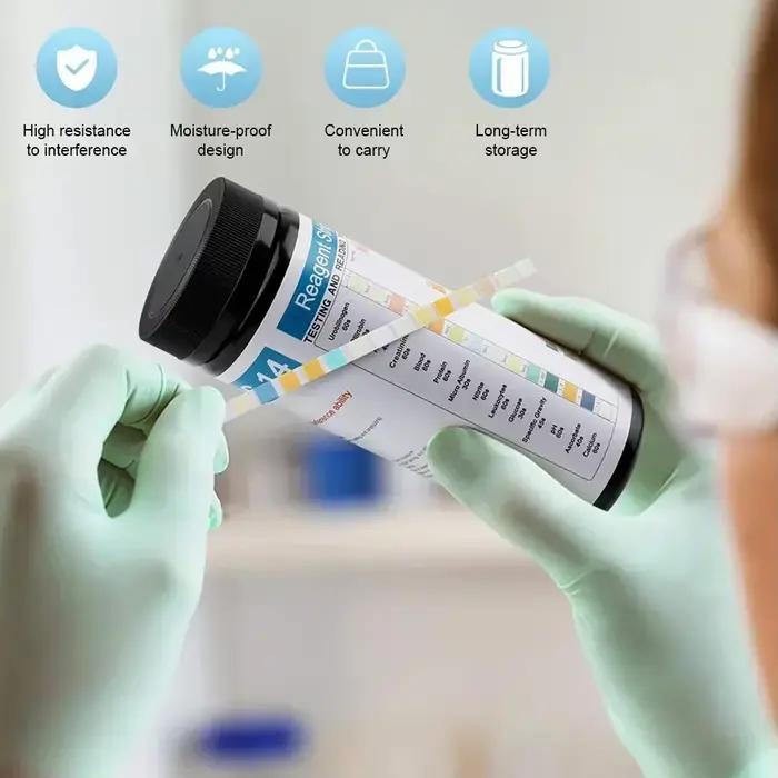 Bandelettes de test d'urine 14 en 1, analyse d'urine UTI pour galvanopien, bilirubin, cétone, nitrite, leucocytes, gravité spécifique, pH, acide ascorbique