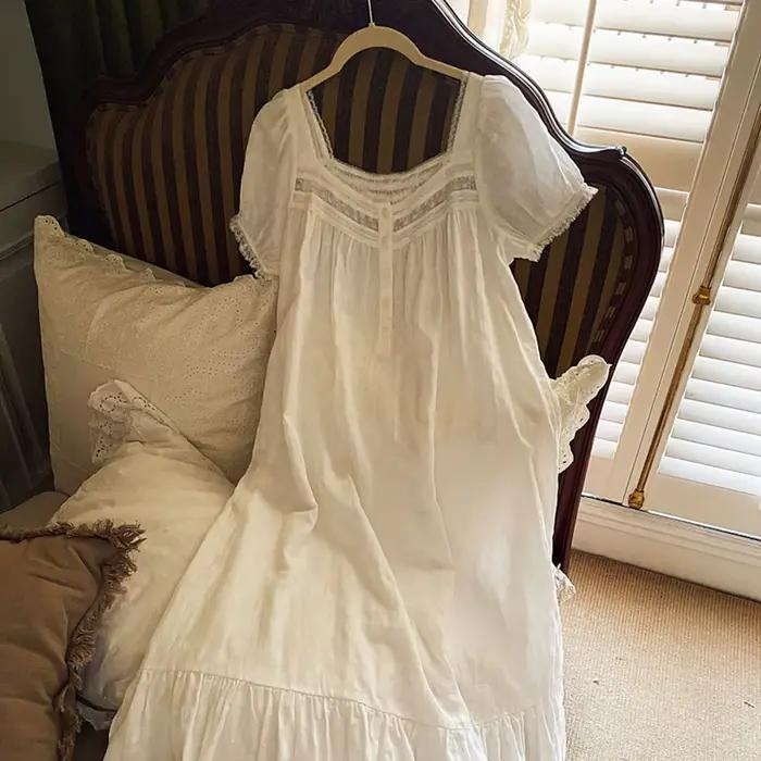 Robe de nuit longue blanche 100 % coton pur à manches courtes pour femme