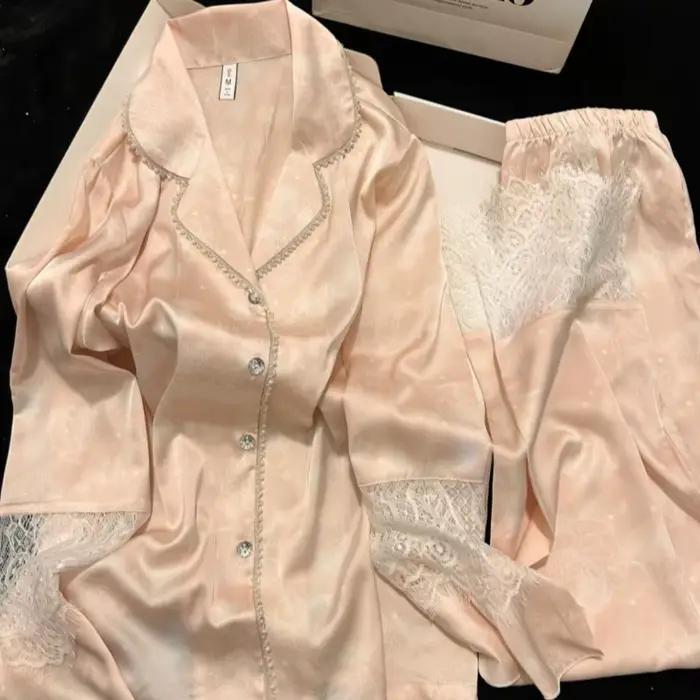 Soie deux pièces dames ensemble Pijama automne Floral à manches longues boutonné haut et pantalon vêtements de nuit
