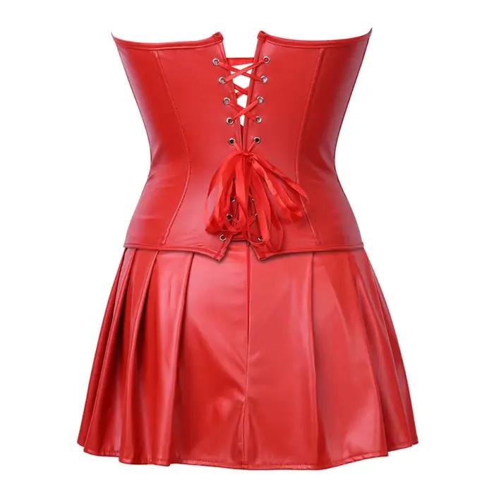 Corset rouge en cuir pour femmes avec jupe gothique en simili
