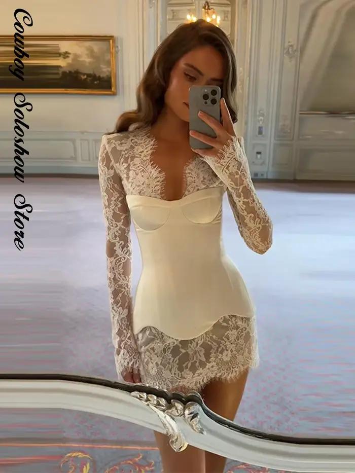 Nouvelle Robe de Soirée Sexy en Dentelle pour Femme, Col en V, Manches Longues, Taille Cintrée, Robe d'Été Ajustée, Ensemble 2 Pièces pour Soirée 2026