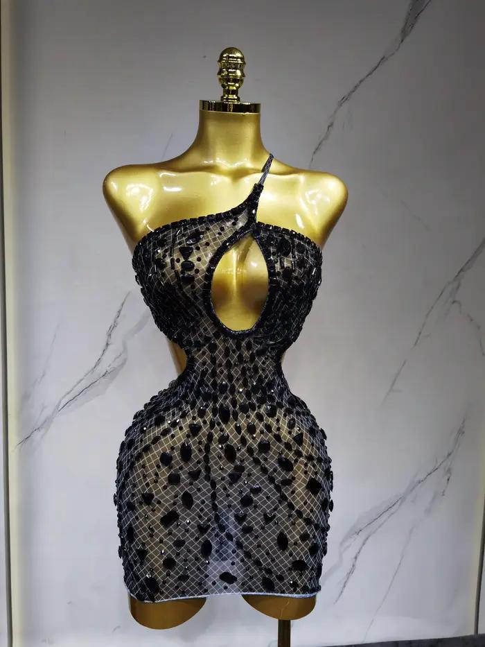 Robe de soirée de luxe sexy dos nu ajourée ornée de diamants pour anniversaire, scène, boîte de nuit et bal de promo