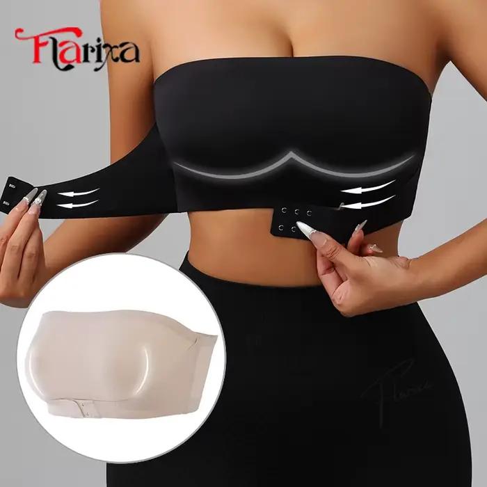Flarixa Femmes Sans Bretelles Sans Rembourrage Soutien-Gorge Fermeture Avant Bralette Push Up Glace Soie Une Pièce Bustiers Confort Invisible Lingerie Blanc Rose Noir