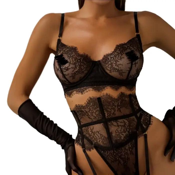 Ensemble de lingerie sexy 5 pièces en dentelle transparente avec soutien-gorge à armatures