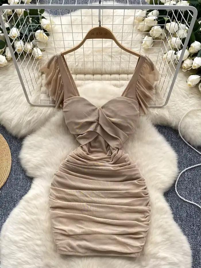 Foamlina robe de soirée Club femmes 2025 mode d'été solide col en V manches volantes taille haute plissée maille