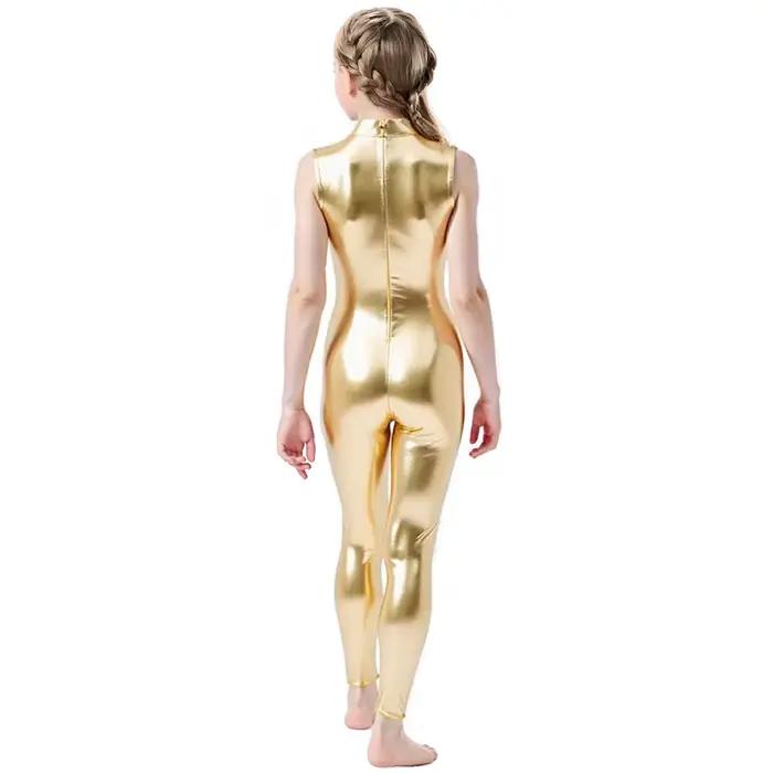 OVIGILY – combinaison de gymnastique métallique dorée pour filles, justaucorps de danse sans manches pour enfants, Costumes de spectacle sur scène, fermeture éclair au dos