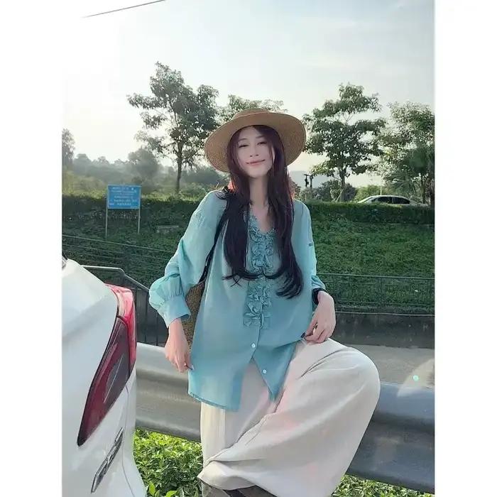 Chemise en lin à col en V pour femme
