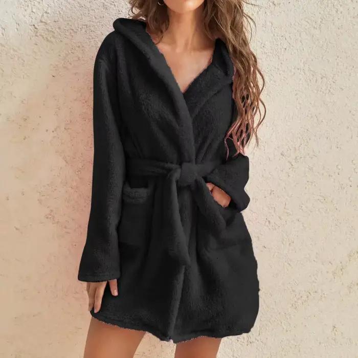 Peignoir en peluche moelleux pour femme, pyjama sexy pour femme, robe à capuche en spansolide, peignoir chaud pour document, vêtements de maison pour femme, hiver