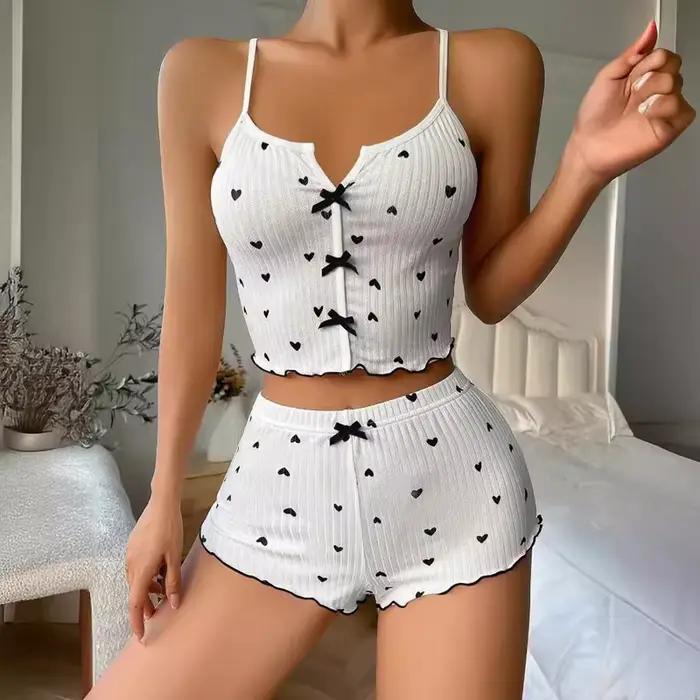 Ensemble de pyjama pour femme en tissu côtelé doux à imprimé cœurs