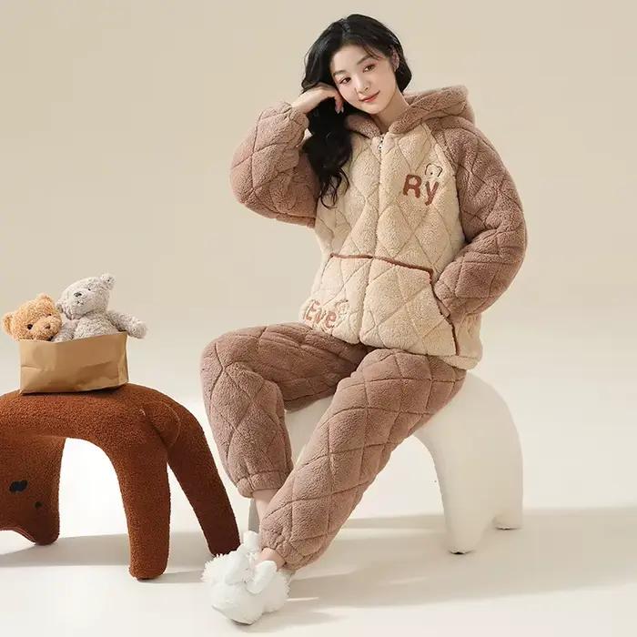 Hiver femmes pyjamas à capuche ensemble 3 couches pince coton Pijama femme épais chaud vêtements de nuit