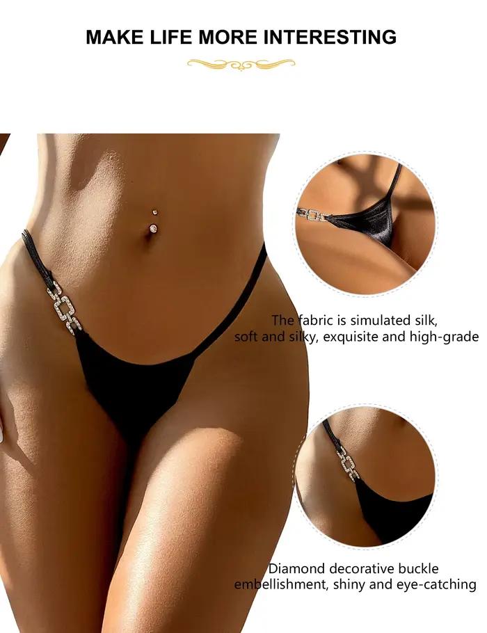 Culotte féminine chaude Sexy noir bijou côté string Imitation soie diamant boucle sous-vêtements pour femmes Lingerie érotique Tangas Mujeres