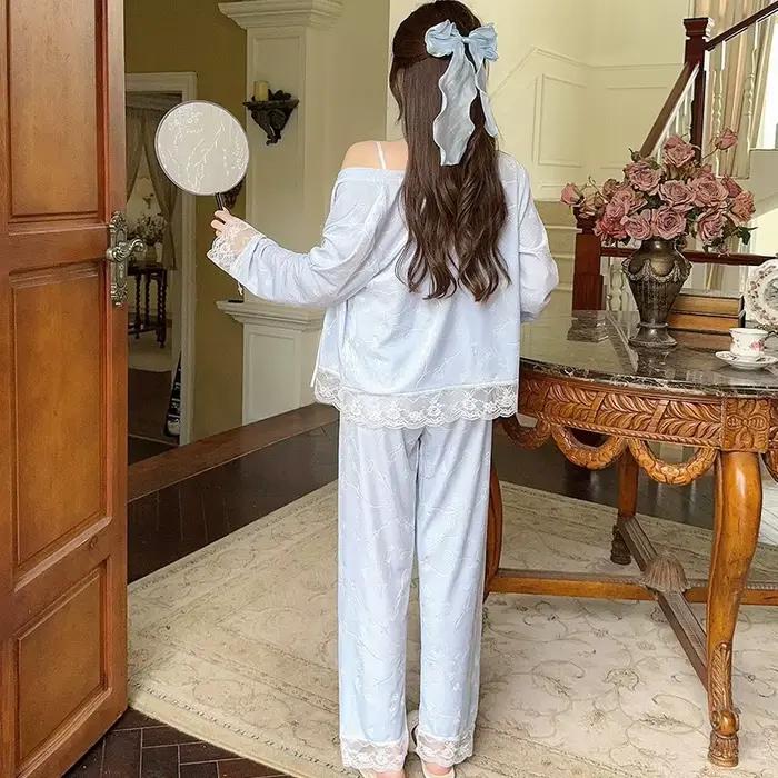 Automne hiver mignon flanelle pyjama ensemble nouveau Beige maison élégant vêtements de nuit sexy Pijamas costume ample