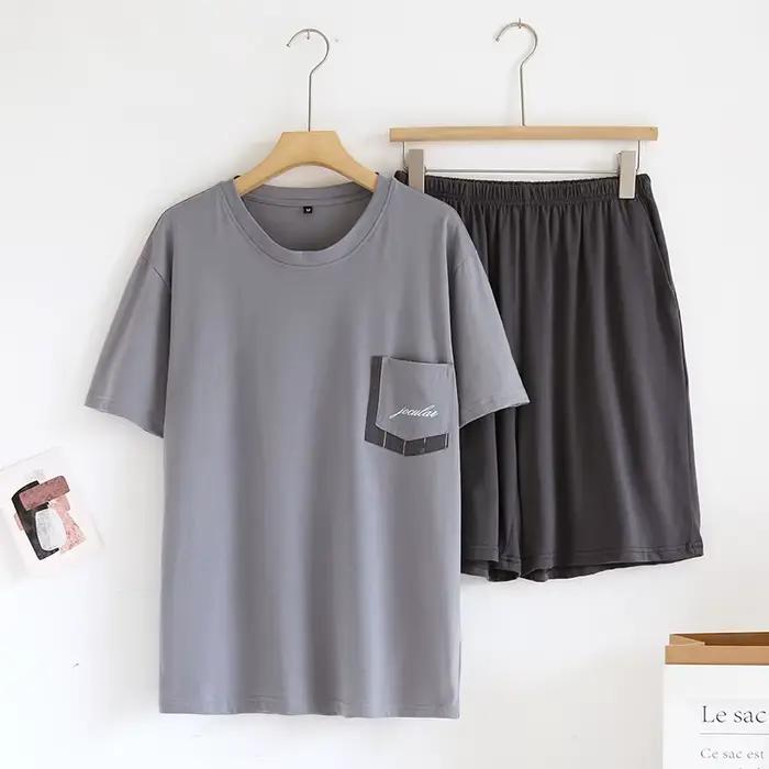 Japanese summer new men's pajamas short-sleeved shorts two-piece set 100% cotton knitted home clothes thin casual large size set