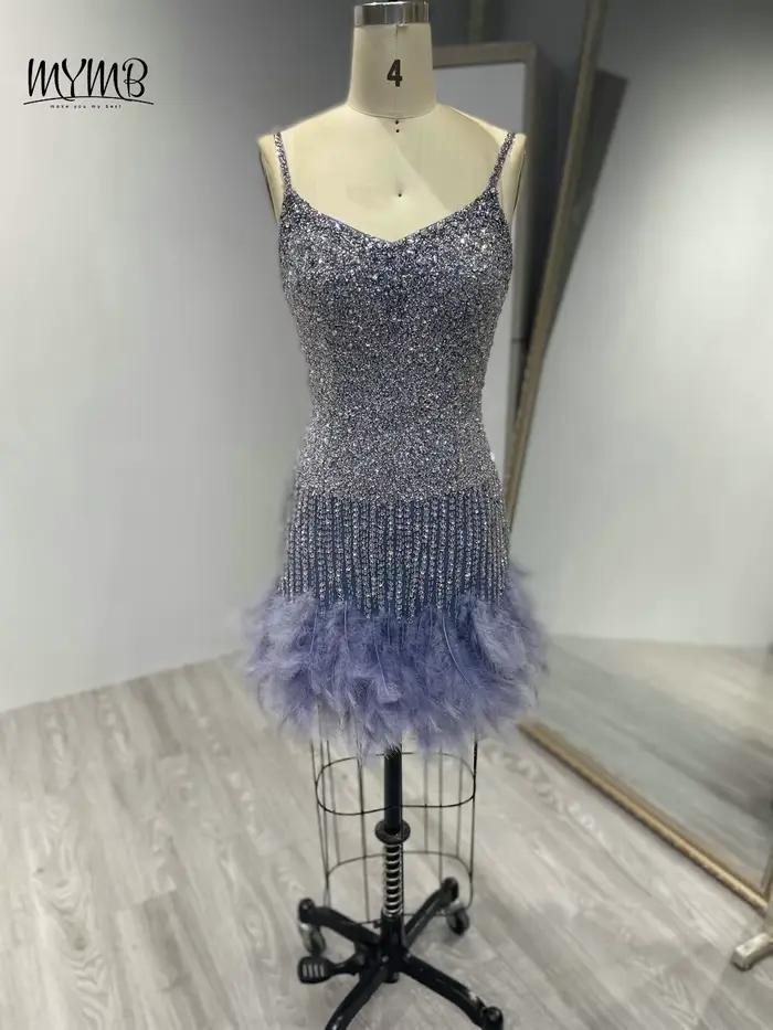 MYMB rose Chic Sexy bretelles Spaghetti Mini robes de boîte de nuit pour les femmes fête de luxe cristal perlé plumes robes de Cocktail