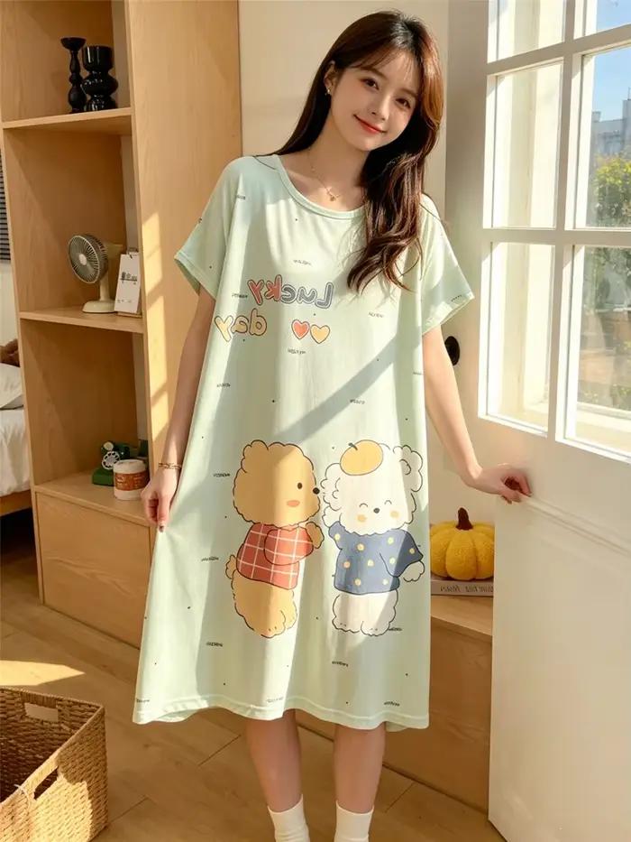 Chemise de nuit d'été ample grande taille pour femme, manches courtes, motif dessin animé mignon, tenue de nuit décontractée et douce pour filles