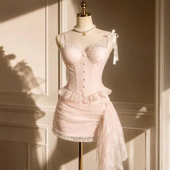 Ensemble 2 pièces sexy et coquette rose clair en dentelle à volants : débardeur et jupe moulante asymétrique pour femmes et jeunes filles – Idéal pour les soirées en club et le quotidien