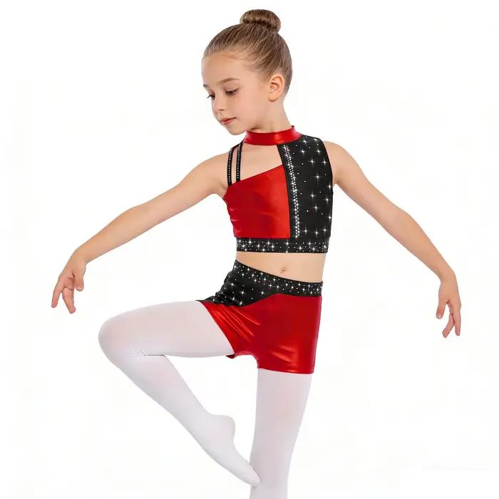 Tenue de gymnastique pour enfants filles, patinage artistique, danse de Ballet, Costume de spectacle, strass brillants, haut court métallique avec short