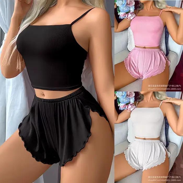 Nouvel ensemble de pyjama décontracté et confortable pour femme 2026 – Vêtements d'intérieur d'été tendance couleur unie avec short à bretelles et débardeur Y2K – Collection très prisée
