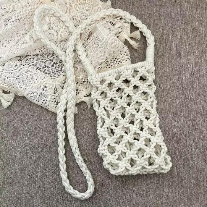 Sac à bandoulière tressé ajouré en crochet pour femme, petit sac de téléphone léger de couleur unie