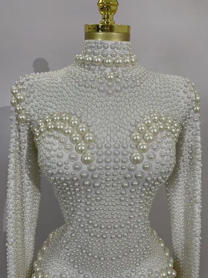 Body extensible de luxe blanc à manches longues avec perles pour femmes, tenue de soirée d'anniversaire, de célébration, de spectacle DJ, de discothèque, de scène