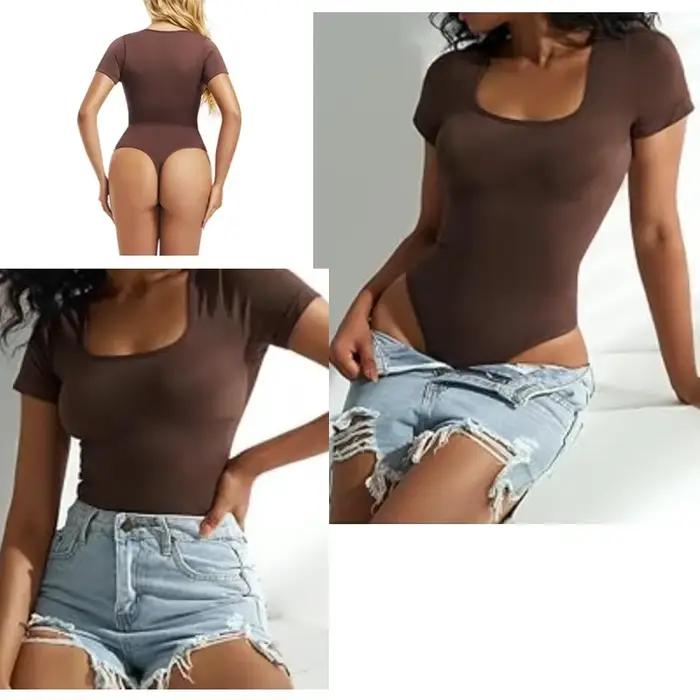 Dimmkof body Sexy côtelé une pièce col carré manches courtes