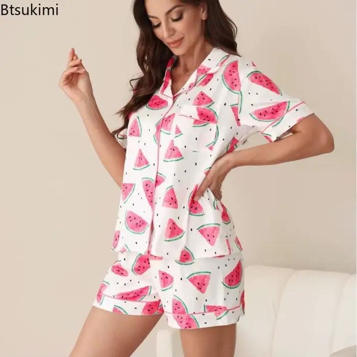 Ensemble pyjama imprimé fruits pour femmes, Cardigan à revers décontracté, Short à manches courtes, vêtements de maison, été, fin, décontracté, ample, pour dames
